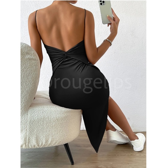 Twisted Back Cami Spaghetti Strap Black Midi Dress High Leg Slit - Picture 15 of 16